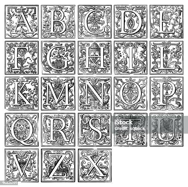Alphabet From 16th Century Stock Photo - Download Image Now - Capital Letter, Alphabet, Ornate