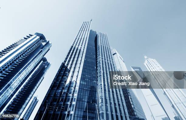 Aerial View Of Shanghais High Density Central Business Area High Rise Office Buildings And Skyscrapers With Glass Surface Urban Roads With Multiple Lanes And Green City Park Shanghai China Stock Photo - Download Image Now