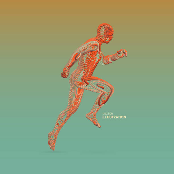 istock Running man. Emblem for marathon and jogging. 3d model of man. Vector Illustration. Wire connection to virtual reality. 968269824