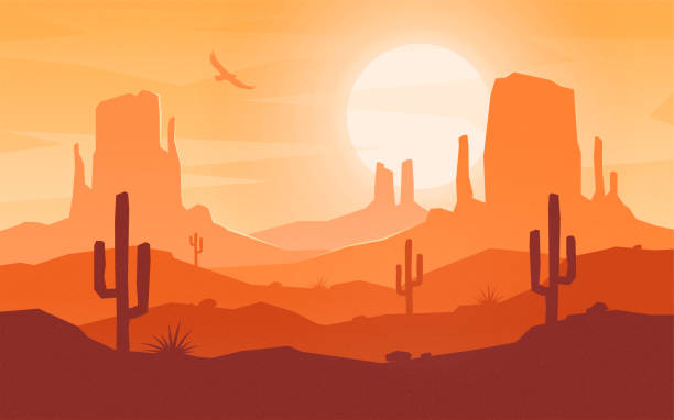 ilustraciones, imágenes clip art, dibujos animados e iconos de stock de durante el día de la historieta estilo plano paisaje del desierto. - southwest usa