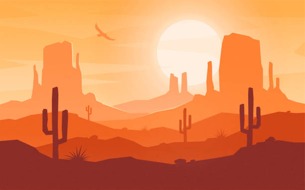 kartun siang hari lanskap gurun gaya datar. - lanskap panorama pedesaan ilustrasi ilustrasi stok
