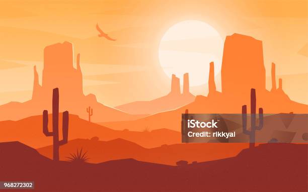 Daytime Cartoon Flat Style Desert Landscape Stock Illustration - Download Image Now - Desert Area, Wild West, Arizona