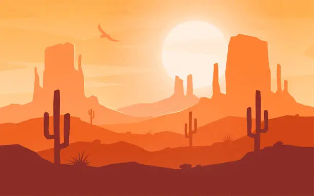 Vector illustration of Daytime cartoon flat style desert landscape.