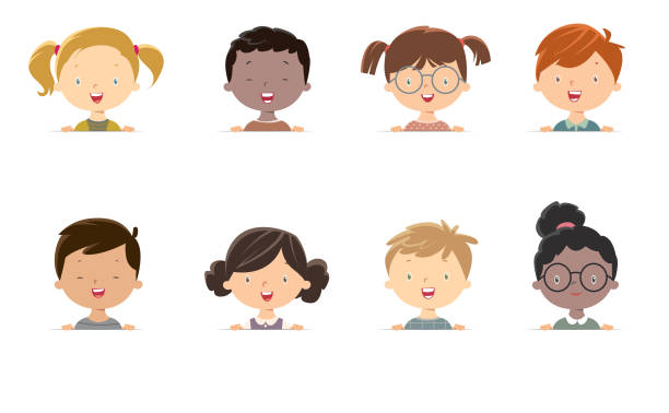 Little girls and boys face Vector Little girls and boys face caricature stock illustrations
