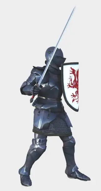 Illustration of a late Medieval knight in Italian Milanese style armour with sword and a shield painted with a red dragon, side view, 3d digitally rendered illustration