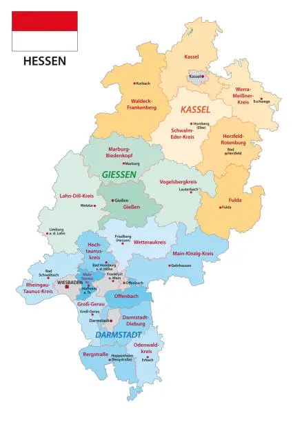 Vector illustration of Hesse administrative and political map with flag in german language