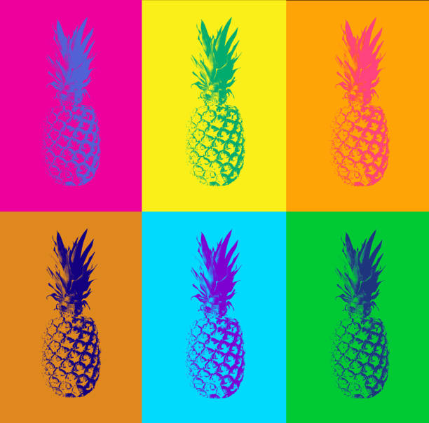 abstract pop art duotone background with pineapples - apple fruit surreal bizarre imagens e fotografias de stock