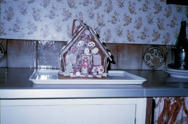 Berlin, Germany, 1982. Gingerbread house in a kitchen.