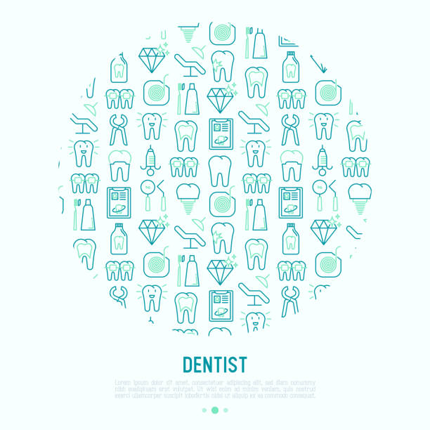 стоматолог концепции по кругу с тонкой линией иконок зуба, имплантата, зубной нити, коронки, зубной пасты, медицинского оборудования. совре� - dentist office audio stock illustrations