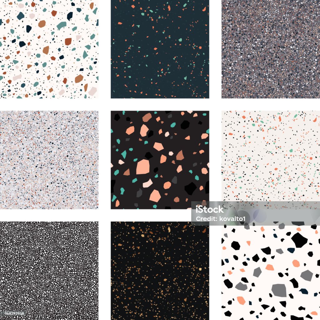 Terrazzo, vector set, seamless pattern Isolated on white background Terrazzo stock vector