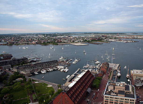 Aerial Boston Harbor Waterfront Long Wharf Christopher Columbus Park  north end boston photos stock pictures, royalty-free photos & images