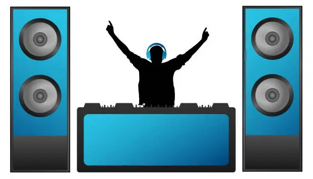 Vector illustration of DJ in the headphones plays music on the mixer. Musical big speakers. Party, concert, club, festival