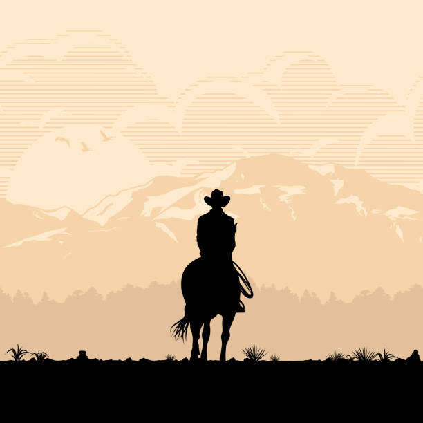 ilustrações de stock, clip art, desenhos animados e ícones de silhouette of lonesome cowboy riding horse at sunset, vector illustration - horseback riding illustrations