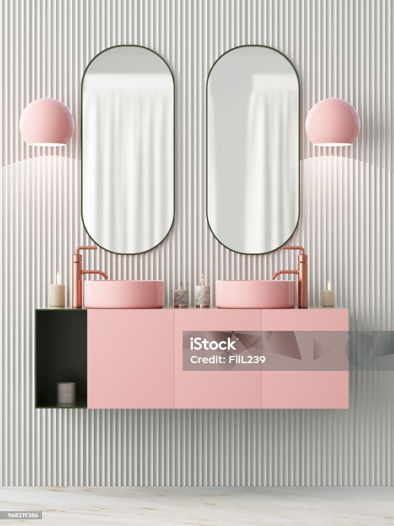 The interior of the bathroom is in Art Deco style. 3d illustration The interior of the bathroom is in Art Deco style. Bathroom Stock Photo