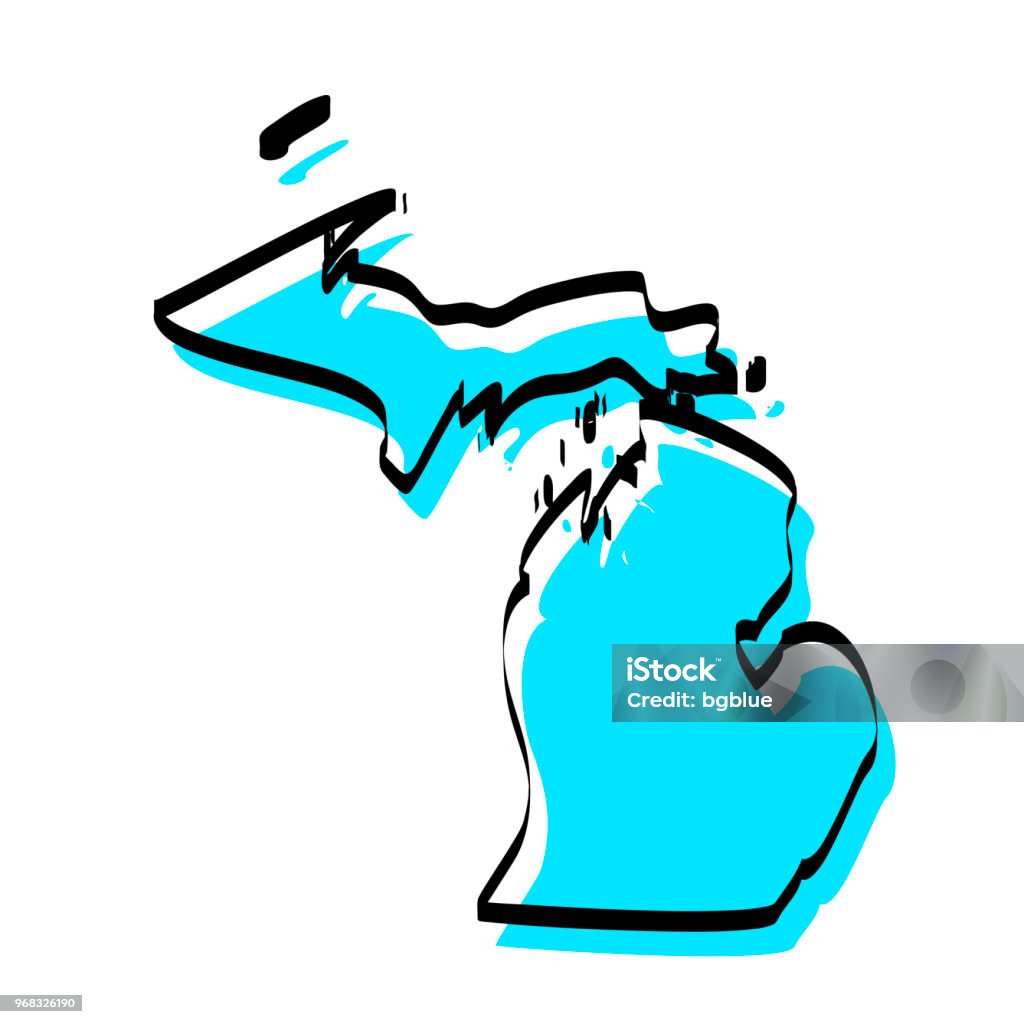 Michigan map hand drawn on white background, trendy design Map of Michigan hand drawn in trendy style, isolated on a blank background (Colors used: blue, black, white). Vector Illustration (EPS10, well layered and grouped). Easy to edit, manipulate, resize or colorize. Please do not hesitate to contact me if you have any questions, or need to customise the illustration. http://www.istockphoto.com/portfolio/bgblue Michigan stock vector