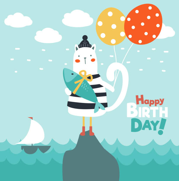 illustrazioni stock, clip art, cartoni animati e icone di tendenza di gabbiano divertente con pesci e palloncini - nautical vessel fishing child image