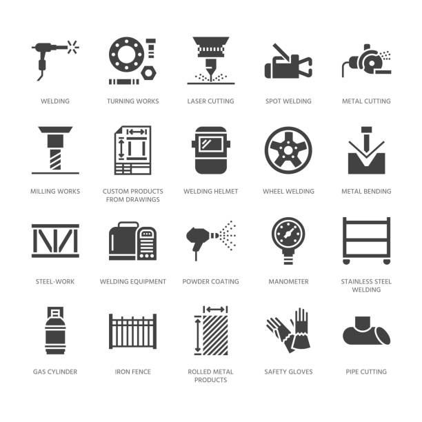 ilustrações de stock, clip art, desenhos animados e ícones de welding services flat glyph icons. rolled metal products, steelwork, stainless steel laser cutting, fabrication, safety equipment. industry sign for welder. solid silhouette pixel perfect 64x64 - grinding