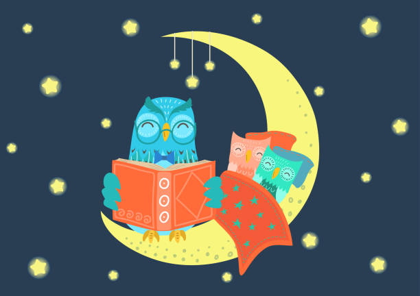 Sweet charming owl reading book to owlets Sweet charming owl reading book to owlets at night on the moon under starry sky. Father and children concept. Bedtime, story time vector illustration. goodnight moon book stock illustrations