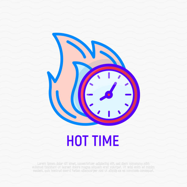 istock Hot time: clock in fire thin line icon. Modern vector illustration of sale, deal. 968355290