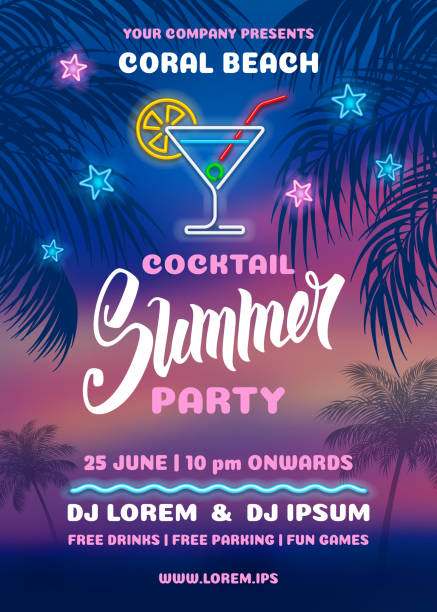 ilustrações de stock, clip art, desenhos animados e ícones de summer night party poster template - tropical music