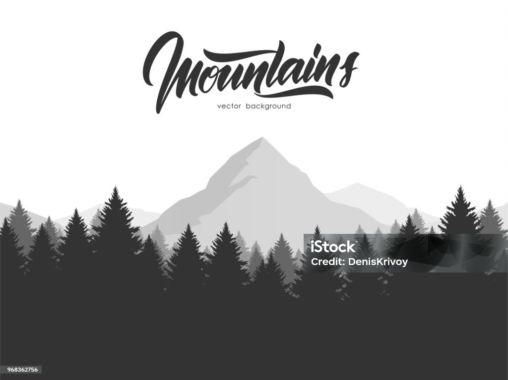 Vector illustration: Graphic mountains landscape with pine forest and hand drawn calligraphic lettering of Mountains. Vector illustration: Graphic mountains landscape with pine forest and hand drawn calligraphic lettering of Mountains Forest stock vector