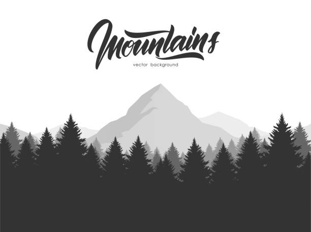 Vector illustration: Graphic mountains landscape with pine forest and hand drawn calligraphic lettering of Mountains. Vector illustration: Graphic mountains landscape with pine forest and hand drawn calligraphic lettering of Mountains alphabet silhouettes stock illustrations