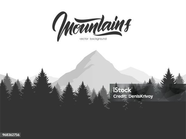 Vector Illustration Graphic Mountains Landscape With Pine Forest And Hand Drawn Calligraphic Lettering Of Mountains Stock Illustration - Download Image Now