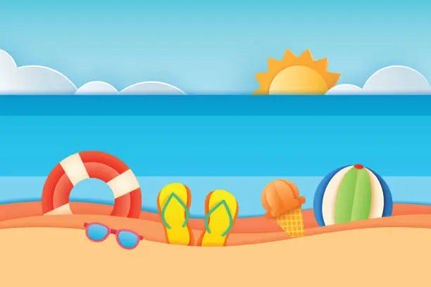 Vector illustration of Summer time sea view with equipment placed on the beach and sky background. Paper art and craft style. Vector illustration of life ring, sunglasses, ice cream, beach ball, sandals.