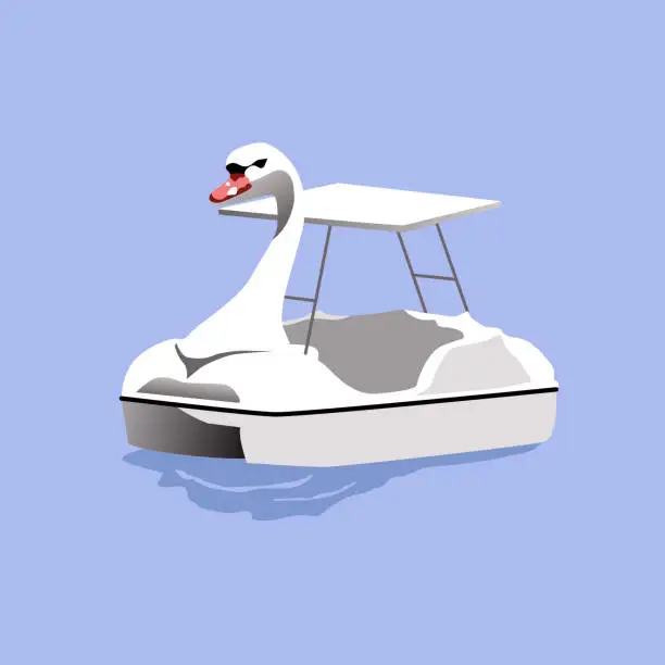Vector illustration of isolated white goose paddle boat on blue water, vector illustration
