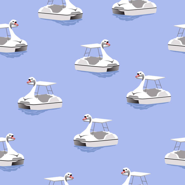 nahtlose muster weiße gans paddelboot auf dem blauen wasser, vektor-illustration - pedal boat stock-grafiken, -clipart, -cartoons und -symbole