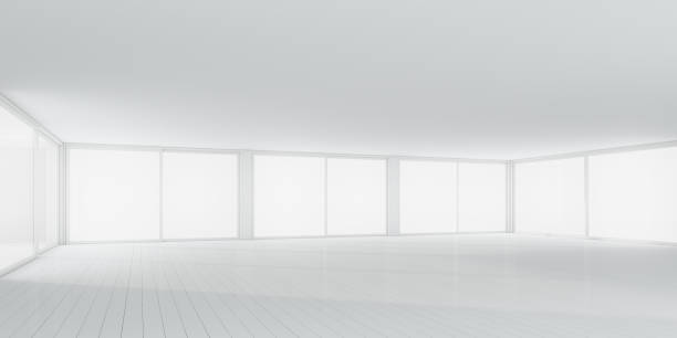 istock 3D rendering of white room space with interior lighting and sun light cast the window shadow on the wall and plank wood floor,Perspective of minimal design architecture 968373412