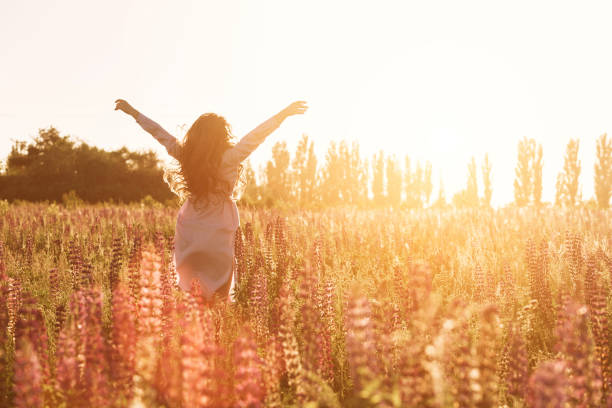 Photo of Happy woman in green flower field raised hands to sky. Warm soft sunset light