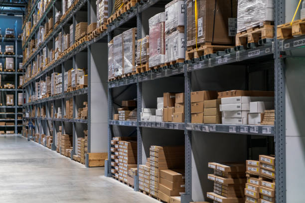 istock Industrial warehouses and shelves with boxes 968383378