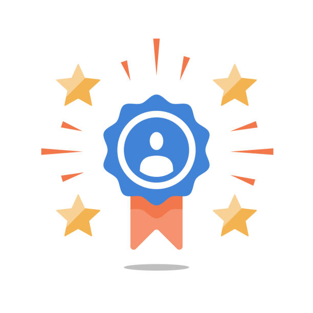 ilustraciones, imágenes clip art, dibujos animados e iconos de stock de premio talento, empleado del mes, logro excepcional, el primer lugar ganador, recompensa por el buen trabajo, persona exitosa - reconocimiento