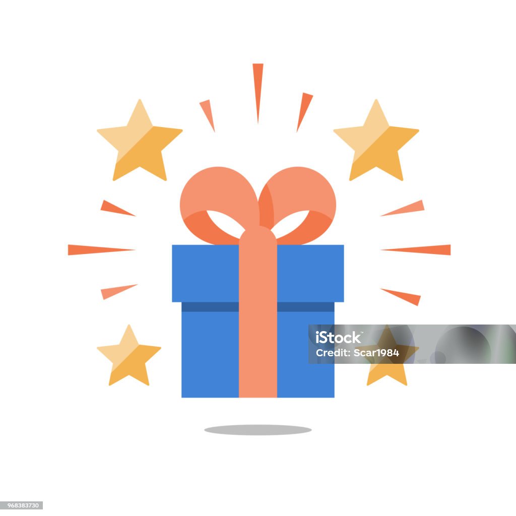 Present box with ribbon, shining gift with stars, surprising big gift, reward program, special prize Shining gift with stars, present box with ribbon, surprising big gift, reward program, special prize, flat icon, vector illustration Gift stock vector