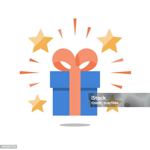 Present Box With Ribbon Shining Gift With Stars Surprising Big Gift Reward Program Special Prize Stock Illustration - Download Image Now