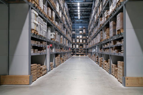 istock Industrial warehouses and shelves with boxes 968384042