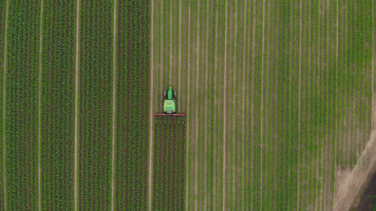 Aerial: tractor working on cultivated fields, cycling road crossing countryside