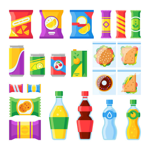 illustrazioni stock, clip art, cartoni animati e icone di tendenza di prodotti vending. snack, patatine, sandwich e bevande per il bar della macchina del venditore. bevande fredde e snack in icone vettoriali di pacchetti di plastica - packaging food plastic package