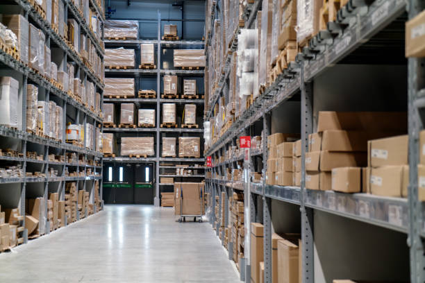 istock Industrial warehouses and shelves with boxes 968387514