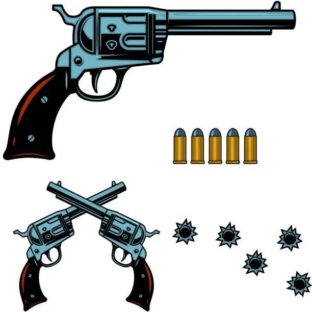 Vector illustration of Vintage revolver illustration with bullet and bullet holes. for label, sign, badge.