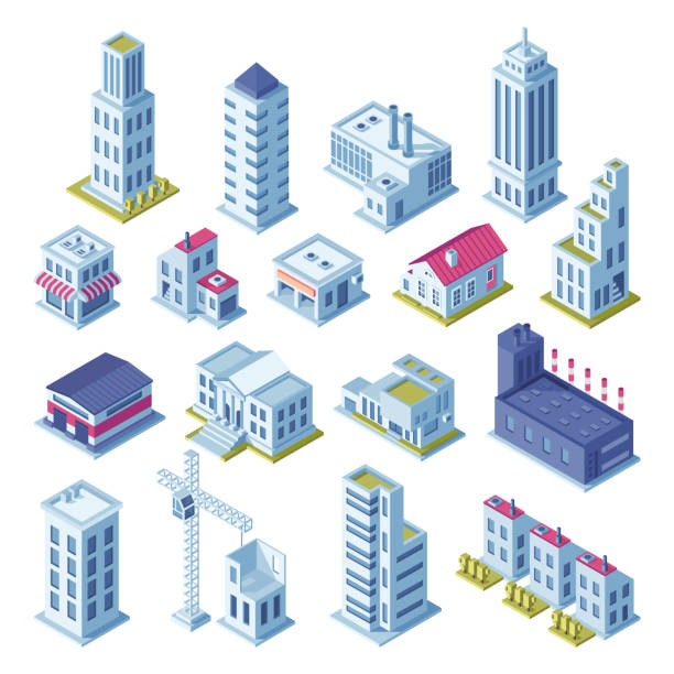 ilustrações, clipart, desenhos animados e ícones de cidade edifícios 3d projeção isométrica para mapa. conjunto de vetores de casas, área de manufaturados, armazenamento, ruas e arranha-céu edifício isolado - predios