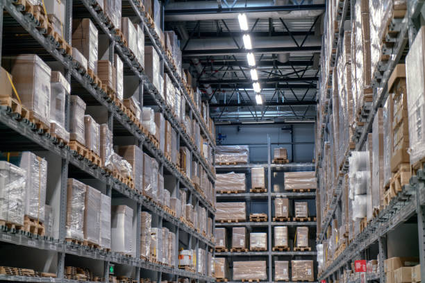 istock Industrial warehouses and shelves with boxes 968387612
