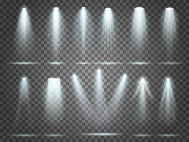 ilustrações de stock, clip art, desenhos animados e ícones de beam of floodlight, illuminators lights, stage illumination spotlight. night club party floodlights and spotlights lighting vector set - efeito de luz