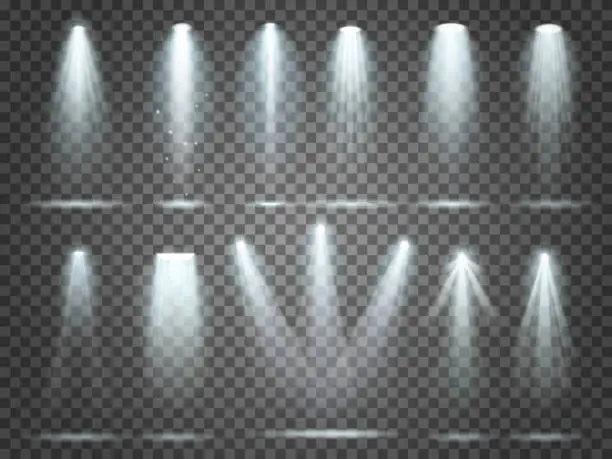 Vector illustration of Beam of floodlight, illuminators lights, stage illumination spotlight. Night club party floodlights and spotlights lighting vector set