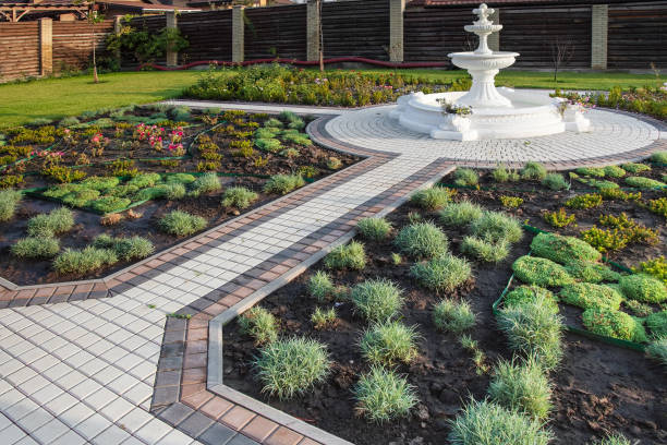 istock Yard with fountain and fresh planted plants 968387904