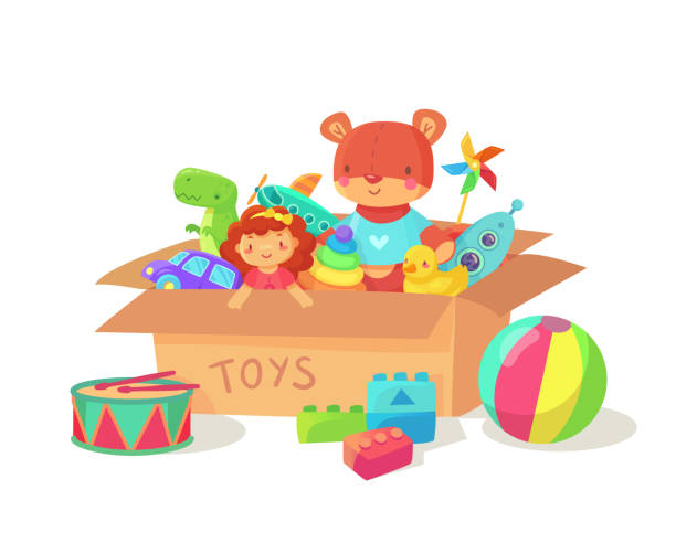 мультфильм детские игрушки в картонной коробке игрушки. детские праздничные подарочные коробки с детскими играми. иллюстрация вектора вос - plaything stock illustrations