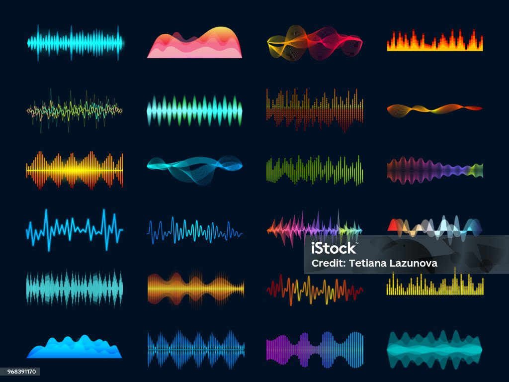 Audio waveform signals, wave song equalizer, stereo recorder sound visualization. Soundtrack signal and melody beat vector concept Audio waveform signals, wave song equalizer, stereo recorder sound visualization. Soundtrack signal spectrum and studio melody beat vector frequency meter concept on dark background Noise stock vector