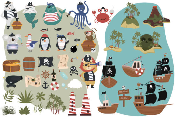 illustrations, cliparts, dessins animés et icônes de jeu d’objets pirate en style cartoon. navires, treasure island et amusants personnages animaliers - groupe dobjets illustrations