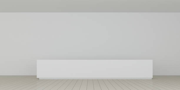 istock 3D rendering of white lobby space with interior lighting and sun light cast the window shadow on the wall and floor,Perspective of minimal design architecture. 968391502